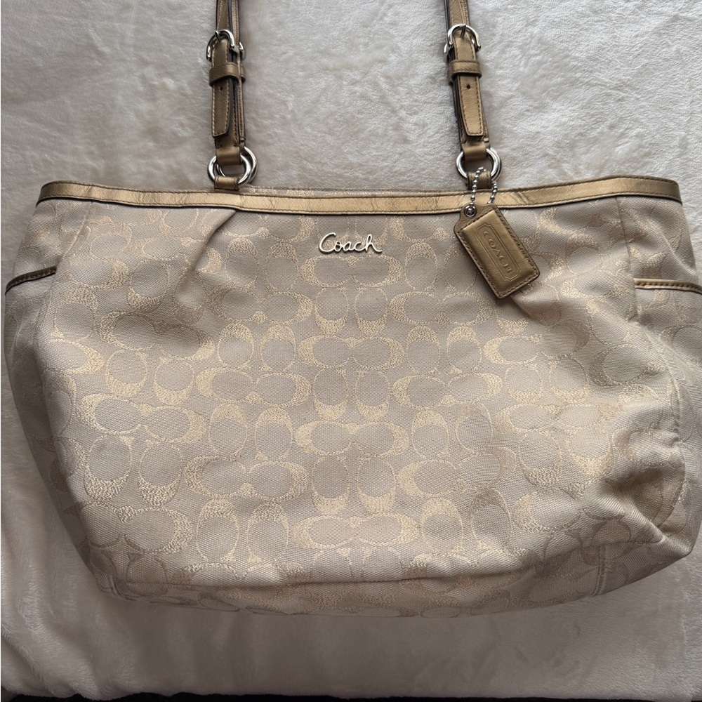 Coach Beige and Gold Signature Shoulder Bag